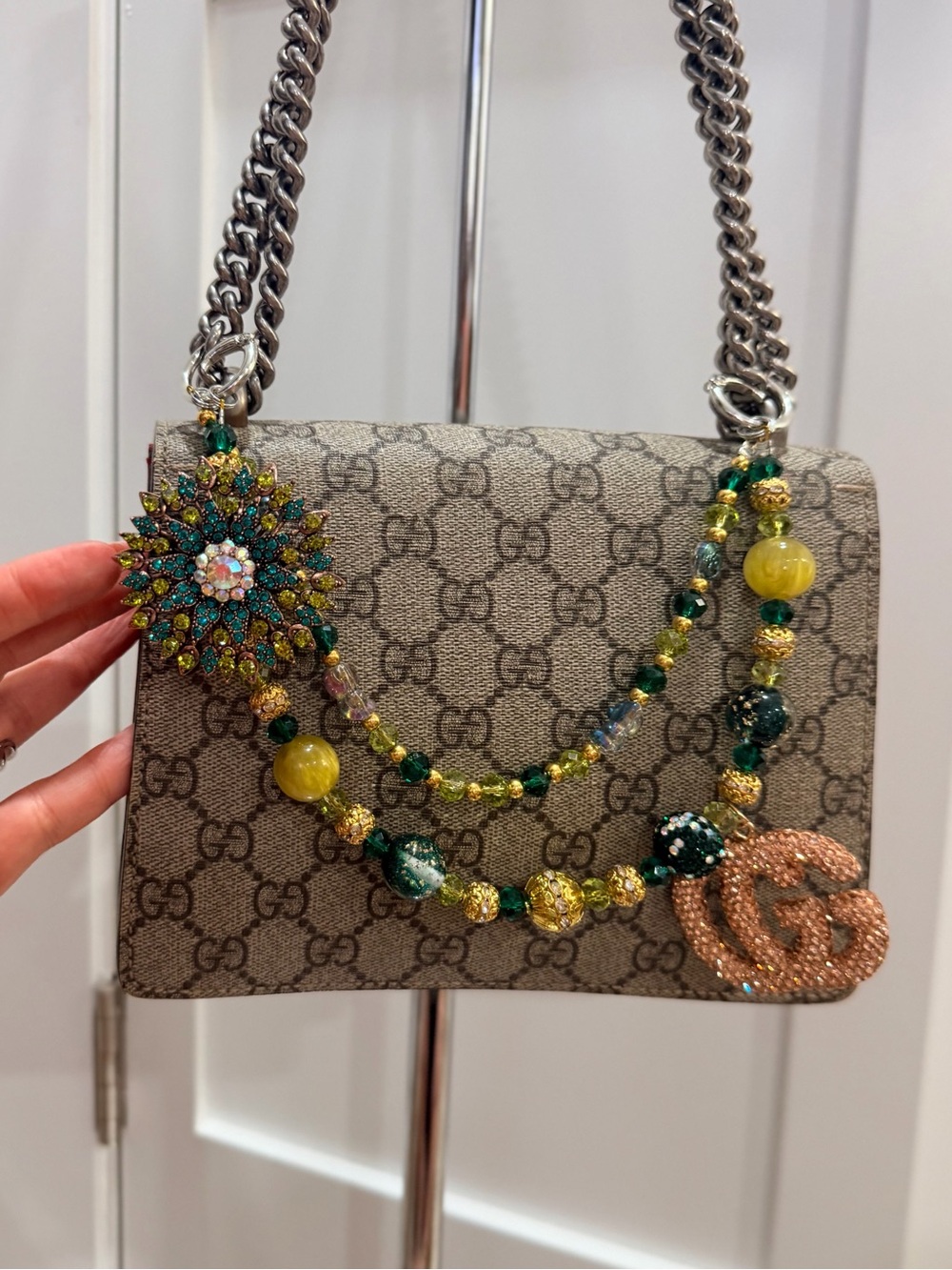 Emerald Green Jeweled Layered Bag Charm Chain + Logo - NEW